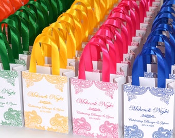 25 Mehendi Night gift bags with satin ribbon & your names, Personalized gifts for guests, Mehndi design, Henna Sangeet Indian Wedding favors