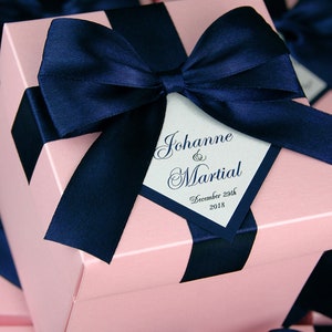75 Wedding favor boxes with Navy Blue satin ribbon, bow and custom tag, Personalized Light pink Wedding Welcome Boxes for favors for guests