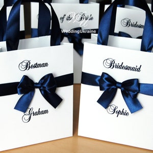 Elegant Navy Bride&#39;s Gift bags - Bridal Party Gift Bag Personalized with name - Bridesmaids Gifts, Wedding Welcome Bag with satin bow & name