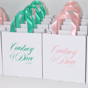 25 Wedding Welcome bags, Elegant Personalized Bag with satin ribbon handles and names, Mint & Blush treat bags for favors for guests