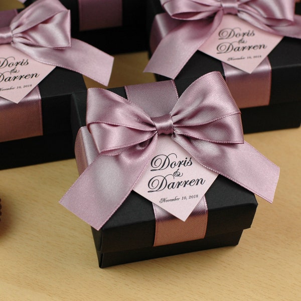 Dusty Rose wedding favor gift box with satin ribbon, bow and your names, Personalized favors for guests, Dusty, rose, pale, pink bonbonniere