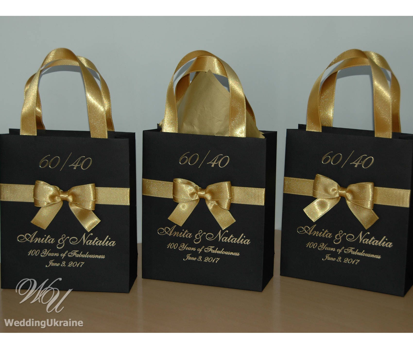 Premium Quality Black Paper Gift Bags with Gold Bow Ribbon – Pack