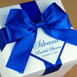 Bridal shower or Wedding favor boxes with Royal Blue satin ribbon, bow and custom tag, Elegant Personalized Wedding Favor Box for guests