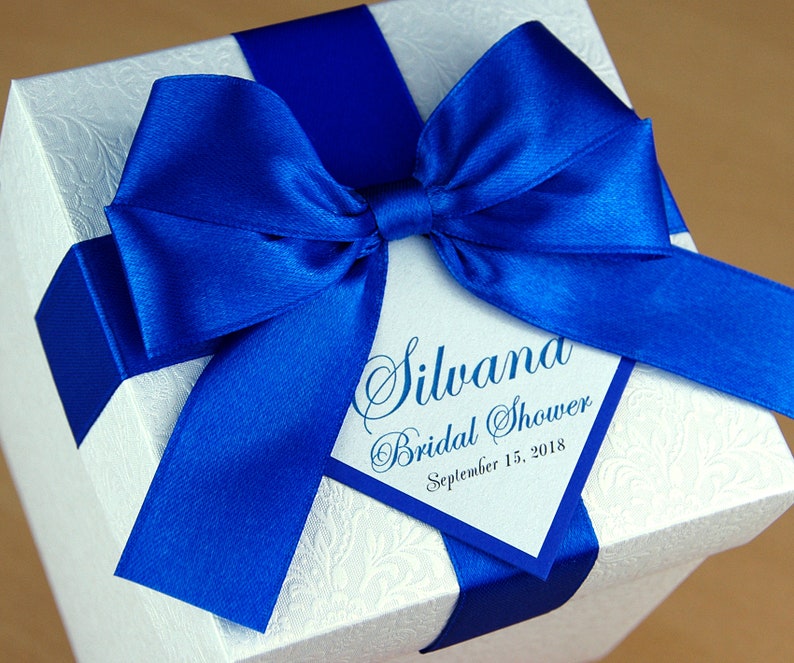 bow and custom tag Bridal shower or Wedding favor boxes with Royal Blue satin ribbon Elegant Personalized Wedding Favor Box for guests