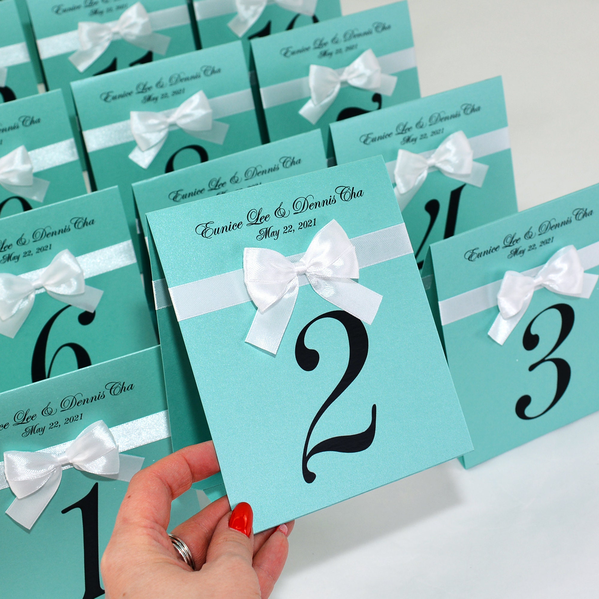 Table Numbers With Ribbon Mint Wedding Table Numbers With Satin Ribbon Bow and Names, Breakfast ...