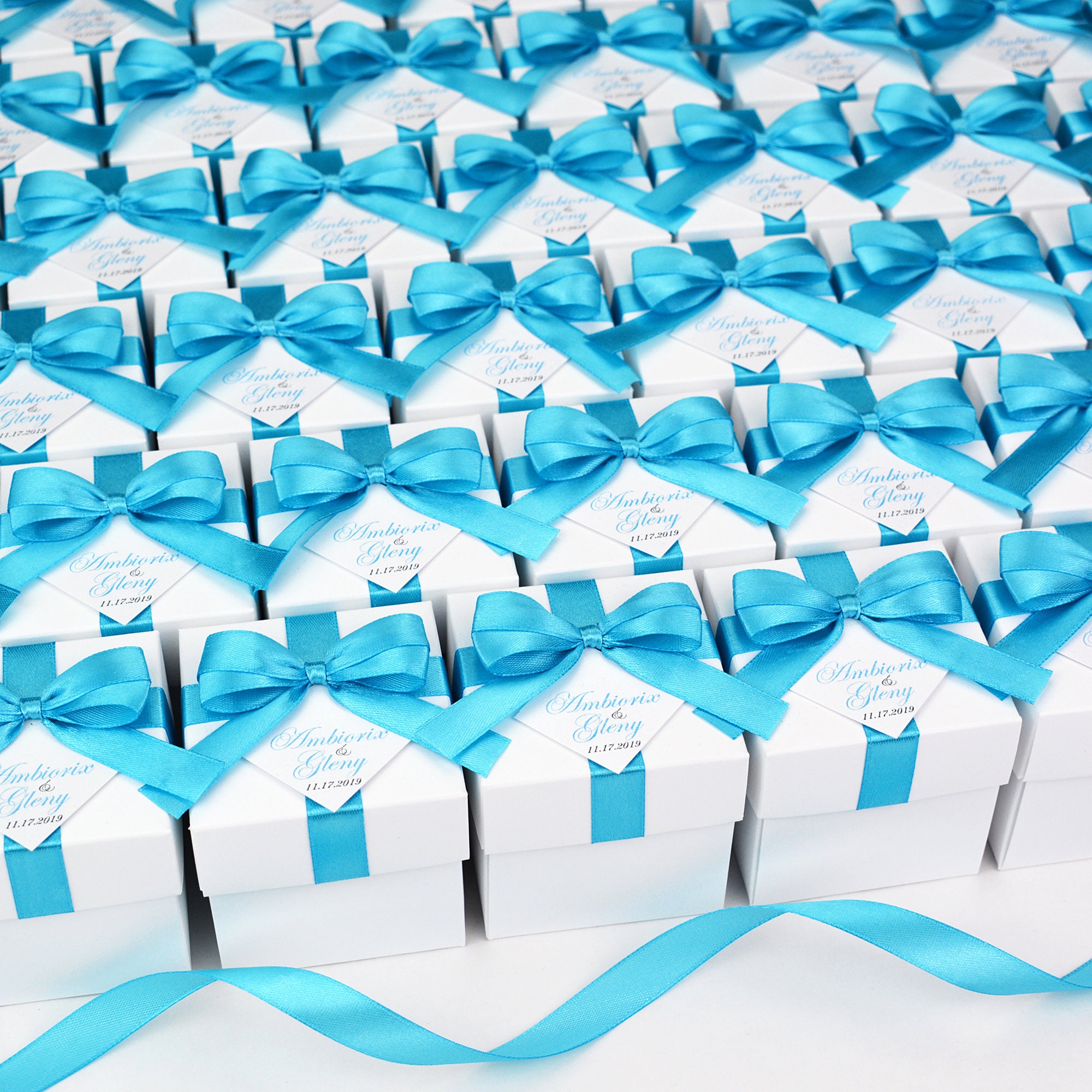 Wedding Favor Boxes With Light Blue Satin Ribbon Bow and Your Names ...