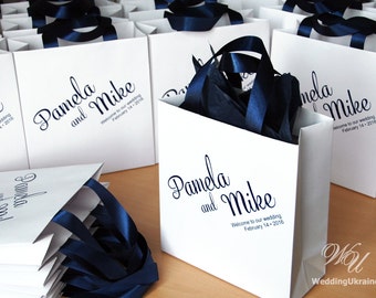Wedding Welcome Bags with navy satin ribbon and names - Elegant Personalized Paper Bag - White and Navy Blue - Custom Wedding Gift bags