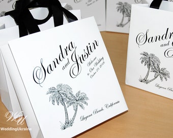 25 Wedding Welcome Bags with satin ribbon handles and your names, Beach Wedding favor Bags for guests, Personalized Tropical Wedding