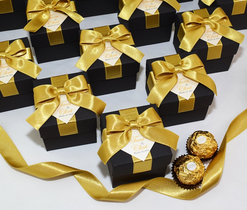 Black & Gold wedding favor gift box with satin ribbon bow and Etsy