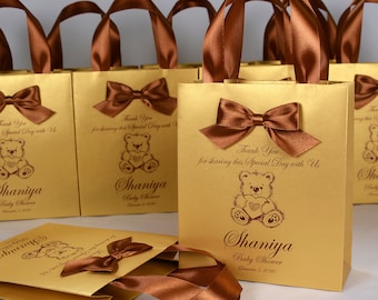 20 Teddy Bear baby shower bags with satin ribbon handles, bow and name, Elegant Personalized party favors gift bags for guests