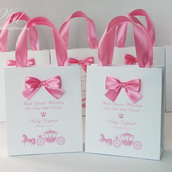 Baby shower party favor bags, Elegant Welcome Bag with bow and your name for your guests, Thank your for Welcoming Our Sweet Little Princess