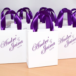 25 Wedding Welcome bags for wedding favor for guests, Elegant Purple Personalized Gift Bag with satin ribbon handles and your names tote bag