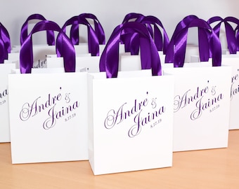 25 Wedding Welcome bags for wedding favor for guests, Elegant Purple Personalized Gift Bag with satin ribbon handles and your names tote bag