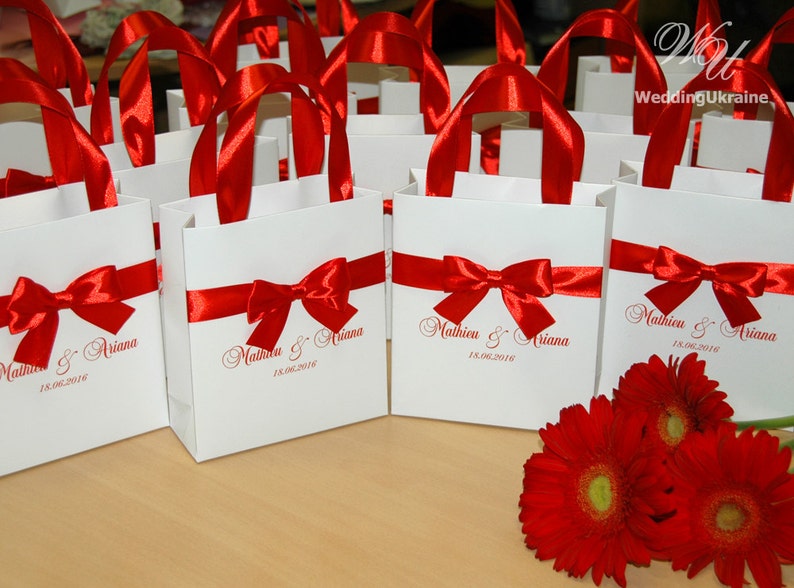 Red Wedding Gift Bags With Satin Ribbon Bow and Names Etsy