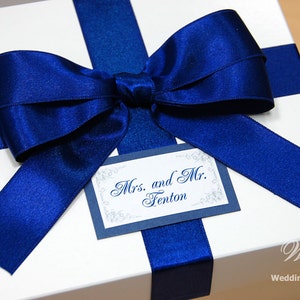 Elegant Mr & Mrs favor gift box with Blue satin ribbon, big bow and personalized tag White and Blue wedding boxes for favor for guests
