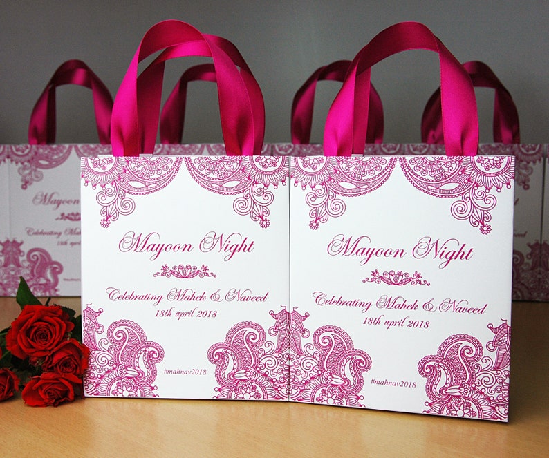 30 Mehndi Design gift bags with Pink satin ribbon & your