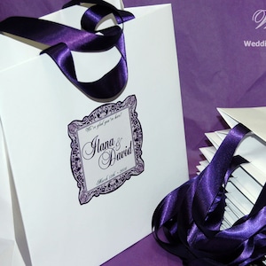 Personalized Wedding Welcome Bags with Purple satin ribbon and tag - White and Purple - Personalized Paper Bags - Weddings Gifts Favors