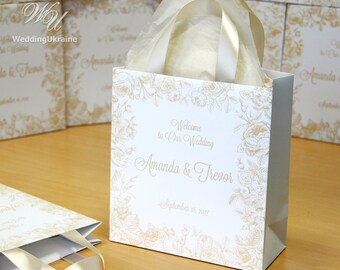 50 Champagne Wedding welcome Bags for guests with satin ribbon, roses and your names - Elegant Personalized Wedding gifts and favors