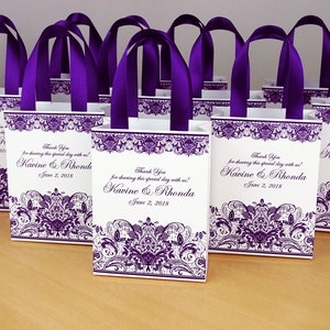 Purple Wedding Gift bags for small souvenirs Personalized Bag with satin ribbon handles, print lace and your names, Wedding favor for guests
