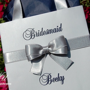 Silver and Navy Blue Personalized Bridal Party favors Bags Bridesmaids Gifts Wedding Welcome Bag with satin ribbon, bow and names