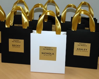 Hen Weekend gift bags, Personalized Bridesmaid's bag, Bridal Party favor, Team Bride, Team Groom Bags with gold satin ribbon handles and tag