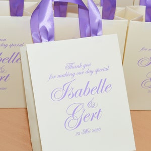 30 Ivory & Lavender Wedding Welcome Bags with satin ribbon handles and custom names, Elegant Personalized bags for wedding favor for guests