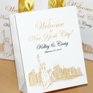 25 New York City Wedding Welcome Bags, Destination NYC Wedding, Gold Personalized wedding favor bag with satin ribbon handles for guests