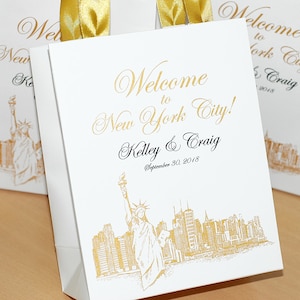 25 New York City bruiloft Welkom tassen, bestemming NYC bruiloft, gouden gepersonaliseerde bruiloft gunst tas met satijnen lint handvatten voor gasten