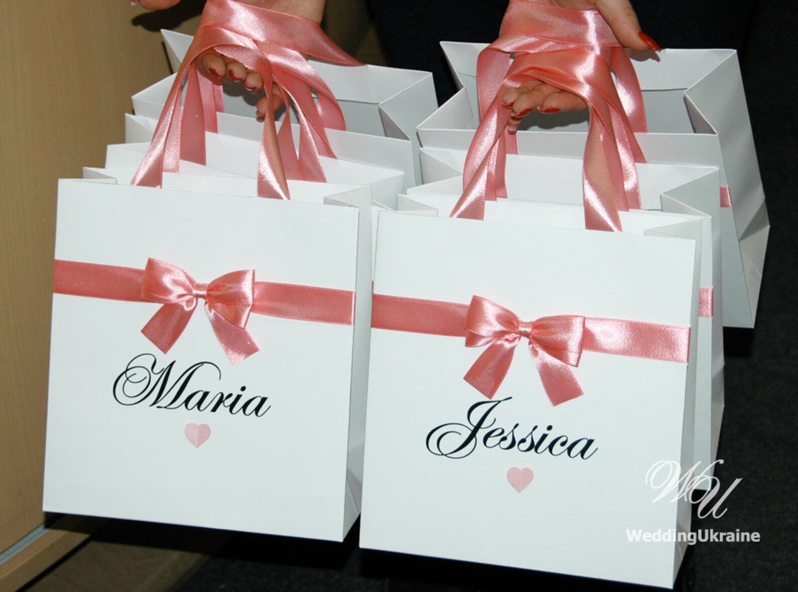 Blush Gift Bags With Custom Names Satin Bow and Heart Etsy