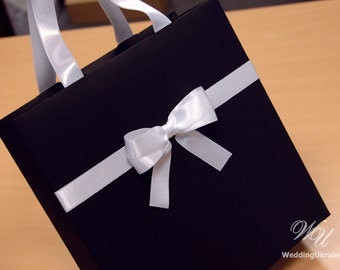 Elegant Blank Gift Bag with satin ribbon handles and chic doubled bow Custom Bags for Holiday, Party, Event, Shower, Wedding bags for guests