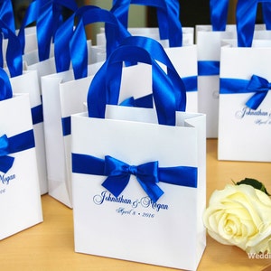 Royal Blue Wedding Welcome Bags with satin ribbon, bow and your names, Elegant Personalized Gift Bag, Custom Wedding favors for guests