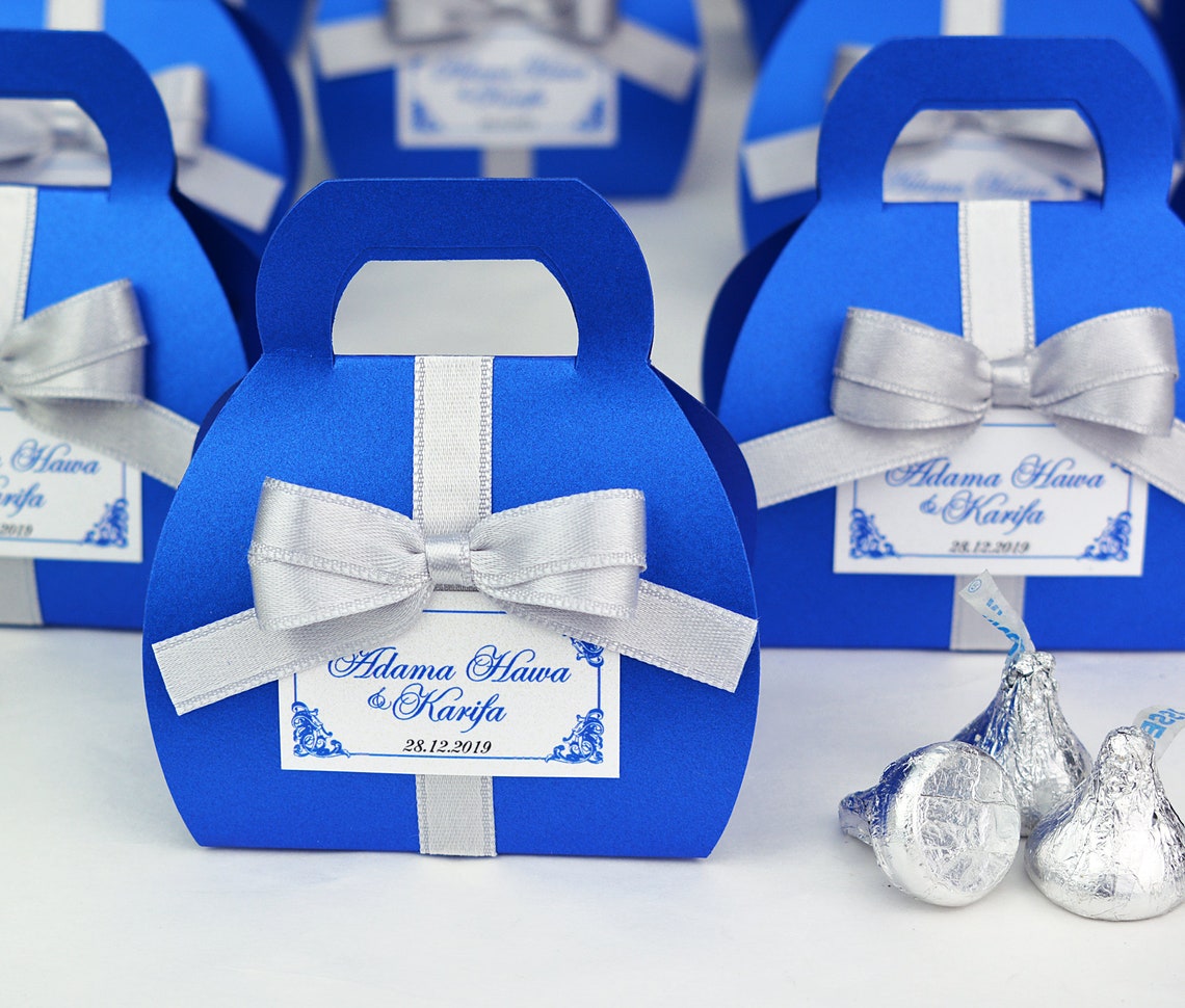Royal Blue wedding favor gift box with Silver satin ribbon bow Etsy