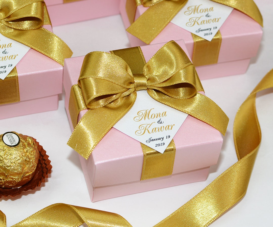 Light Pink & Gold Wedding Favor Boxes With Satin Ribbon Bow and Custom ...