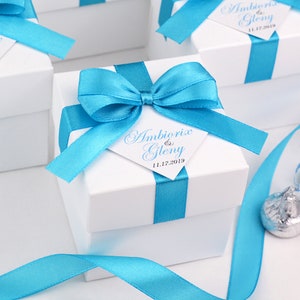 Wedding favor boxes with Light Blue satin ribbon bow and your names, Elegant Turquoise Personalized Wedding Bonbonniere Candy box for guests