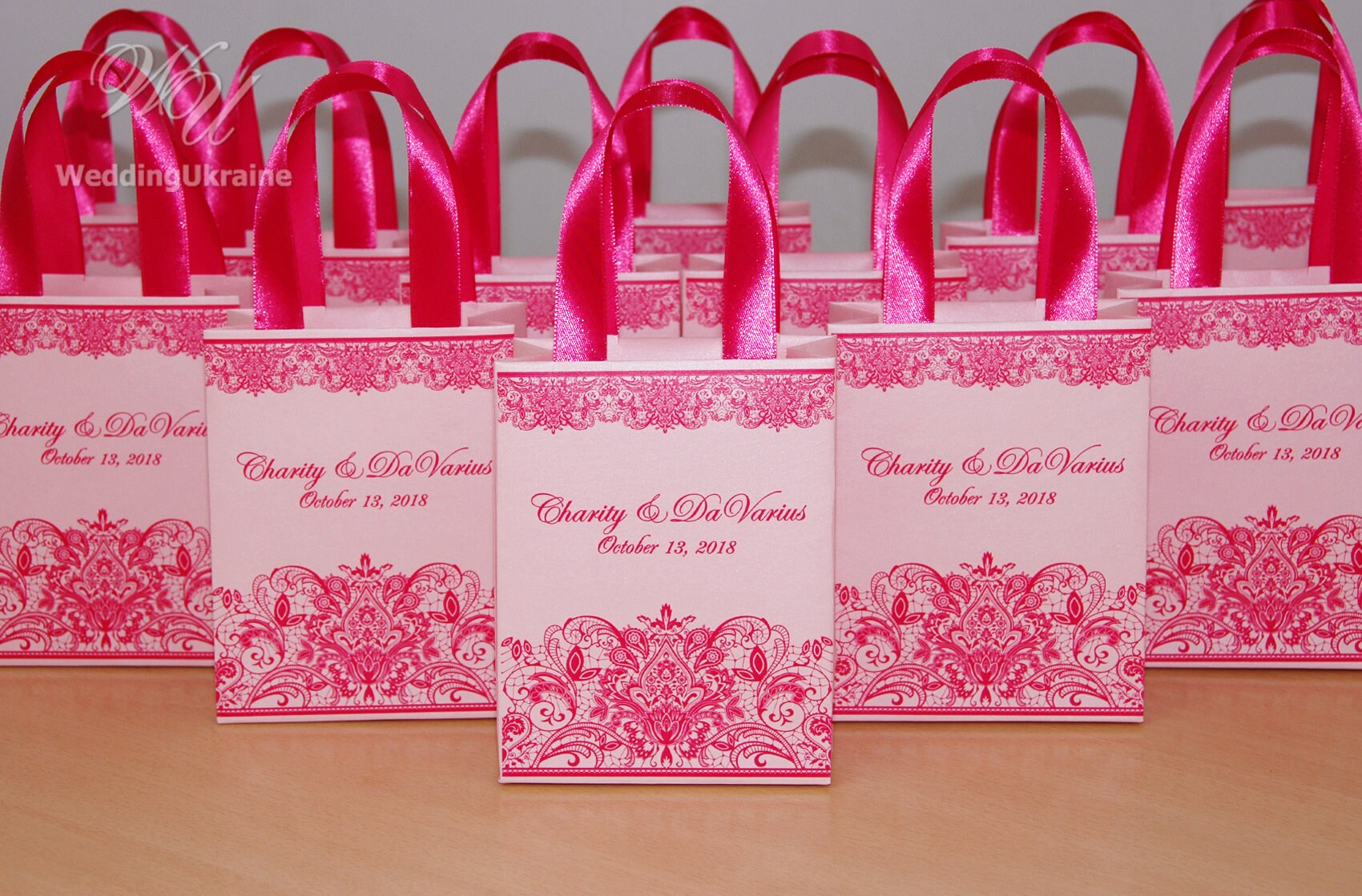 Pink Wedding Welcome Bags with satin ribbon handles and your | Etsy