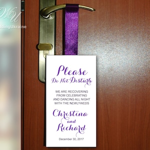 Wedding Door Hanger, Do Not Disturb Door Hanger, Wedding Door Tags, Wedding Favor, Purple Wedding Ideas with satin ribbon and your names