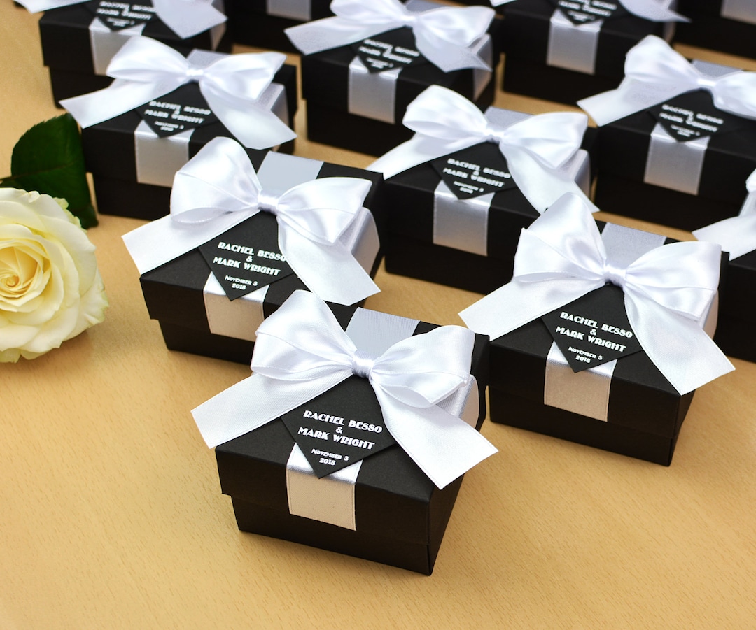 35 Black & White Wedding Favor Gift Box With Satin Ribbon, Bow and Your ...