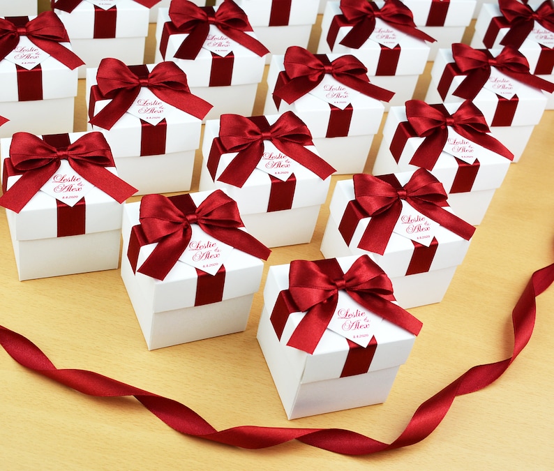Personalized Wedding Favor Boxes With Red Burgundy Satin Etsy
