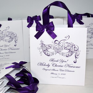 20 Masquerade party gift bags with purple satin ribbon handles, bow and print, Mardi gras mask bag, Personalized Party Favors for guests