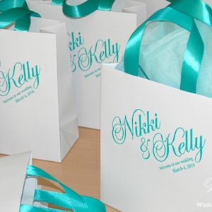 Wedding Welcome Bags with Mint satin ribbon and names, Elegant Personalized Paper Bag, Custom Wedding Gifts and favors for hotel guests bags