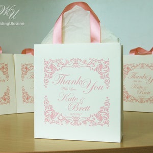 25 Thank You Bags for wedding guests with Blush satin ribbon and your names, Personalized Wedding welcome bags for your gifts & favors