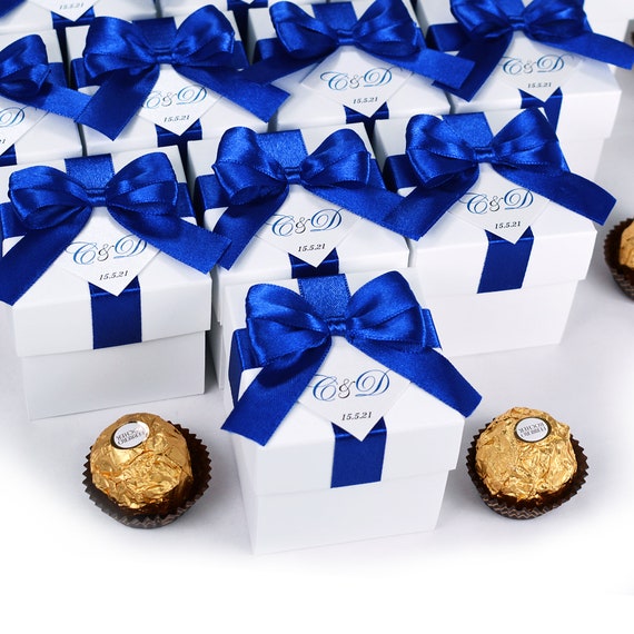 bow and custom tag Bridal shower or Wedding favor boxes with Royal Blue satin ribbon Elegant Personalized Wedding Favor Box for guests