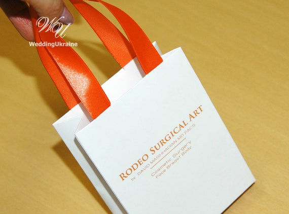 Orange Paper Bag With Blue Ribbon Handles With Box and Gift 