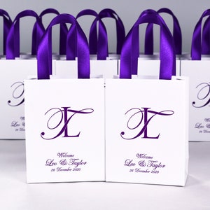 30 Monogram wedding welcome bags with satin ribbon handles and your names, Purple personalized gift bags for favors for guests
