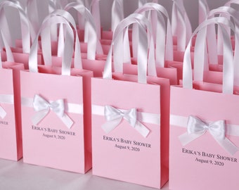 30 Elegant Baby Shower bags with satin ribbon handles, bow and custom name, Chic personalized Baby Girl Shower gifts and favors for guests
