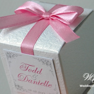 Elegant Wedding gift box - White textured bonbonniere with Light Pink satin ribbon, bow & custom personalized tag - candy favors gift boxes