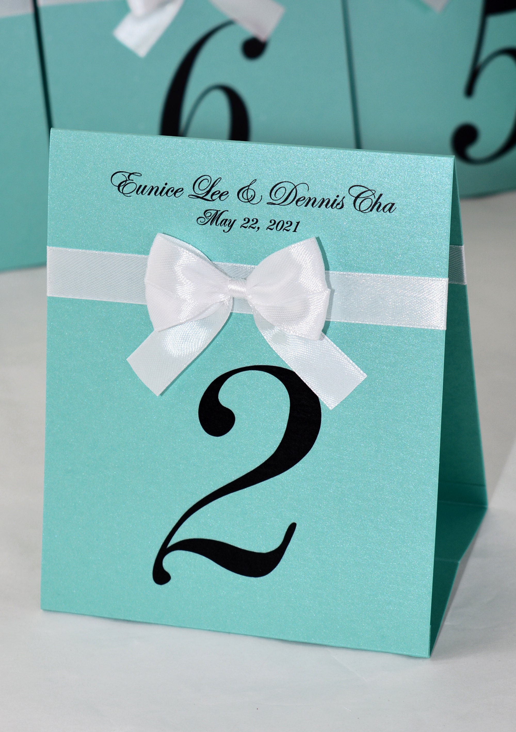 Table Numbers With Ribbon Mint Wedding Table Numbers With Satin Ribbon Bow and Names, Breakfast ...