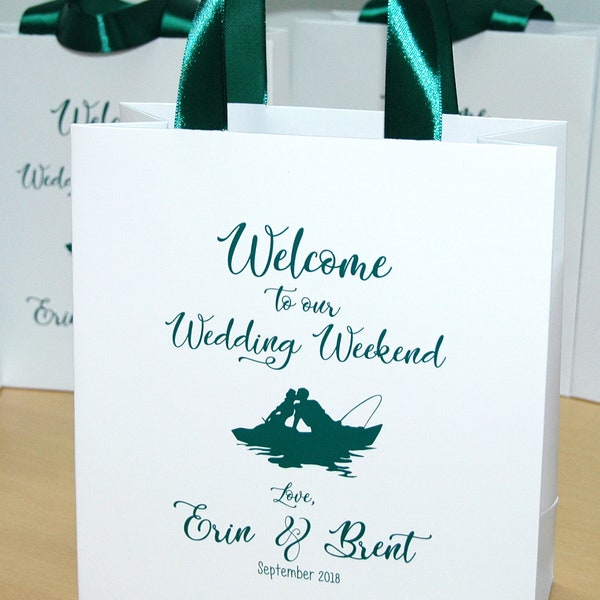 30 Wedding Weekend Welcome Bags with Emerald Green satin ribbon handles & your names, Elegant Personalized lake wedding favors for guests