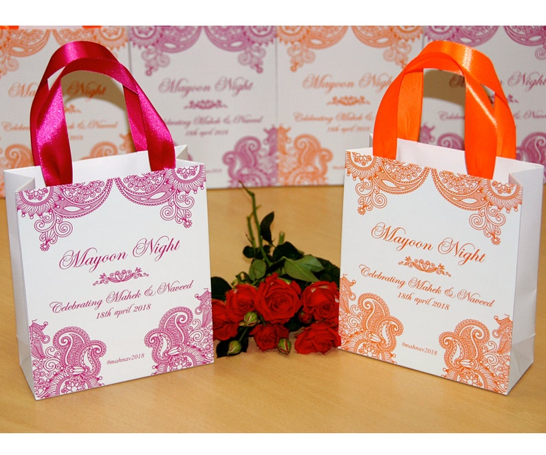 30 Mehndi Design gift bags with Pink satin ribbon & your