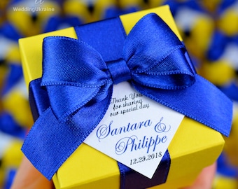 Yellow Wedding Bonbonniere - Elegant Wedding favor boxes with Royal Blue satin ribbon bow and personalized tag Candy boxes for guests